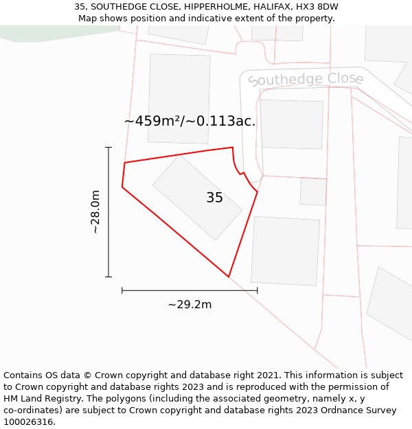 35, SOUTHEDGE CLOSE, HIPPERHOLME, HALIFAX, HX3 8DW: Plot and title map