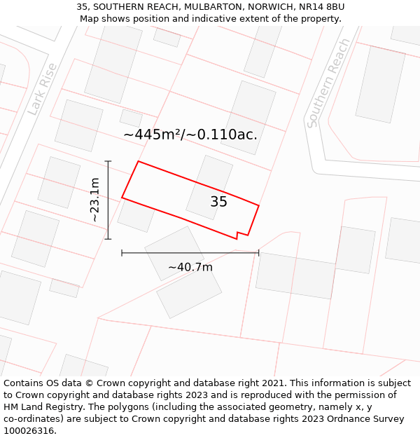 35, SOUTHERN REACH, MULBARTON, NORWICH, NR14 8BU: Plot and title map