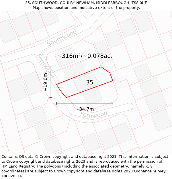 35, SOUTHWOOD, COULBY NEWHAM, MIDDLESBROUGH, TS8 0UE: Plot and title map
