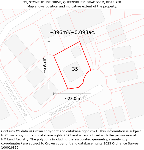 35, STONEHOUSE DRIVE, QUEENSBURY, BRADFORD, BD13 2FB: Plot and title map