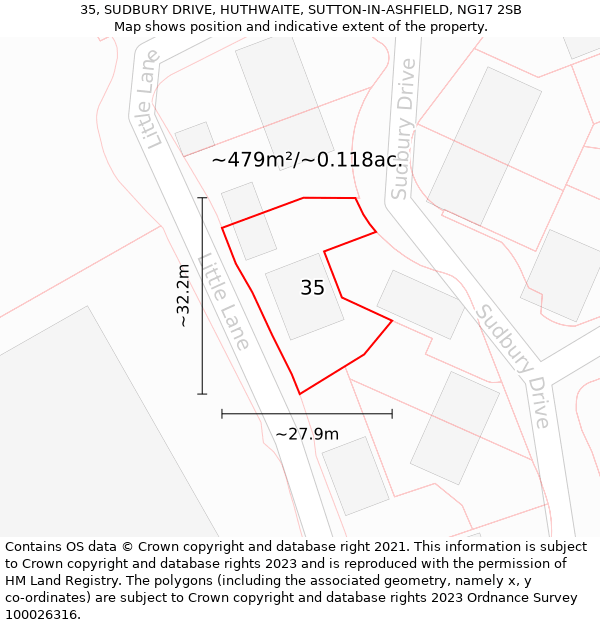 35, SUDBURY DRIVE, HUTHWAITE, SUTTON-IN-ASHFIELD, NG17 2SB: Plot and title map