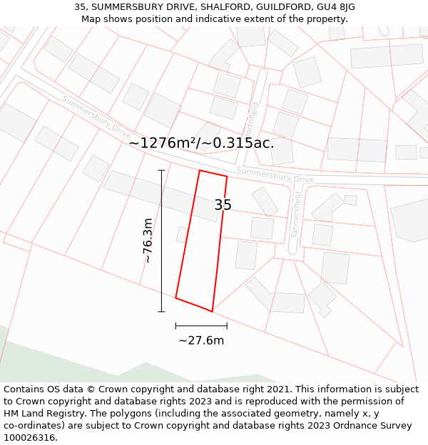 35, SUMMERSBURY DRIVE, SHALFORD, GUILDFORD, GU4 8JG: Plot and title map