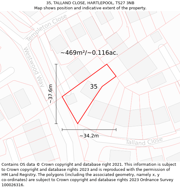 35, TALLAND CLOSE, HARTLEPOOL, TS27 3NB: Plot and title map