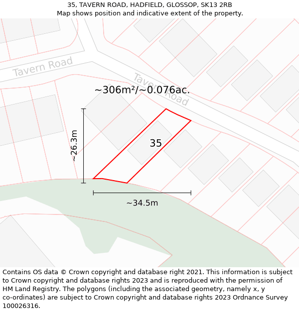 35, TAVERN ROAD, HADFIELD, GLOSSOP, SK13 2RB: Plot and title map