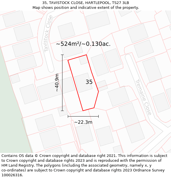 35, TAVISTOCK CLOSE, HARTLEPOOL, TS27 3LB: Plot and title map