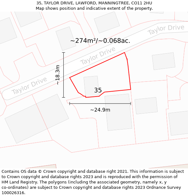 35, TAYLOR DRIVE, LAWFORD, MANNINGTREE, CO11 2HU: Plot and title map