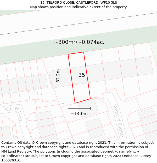 35, TELFORD CLOSE, CASTLEFORD, WF10 5LS: Plot and title map