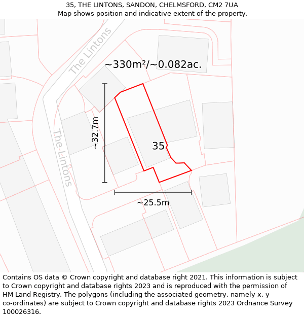 35, THE LINTONS, SANDON, CHELMSFORD, CM2 7UA: Plot and title map