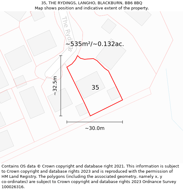 35, THE RYDINGS, LANGHO, BLACKBURN, BB6 8BQ: Plot and title map