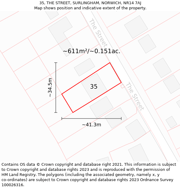 35, THE STREET, SURLINGHAM, NORWICH, NR14 7AJ: Plot and title map