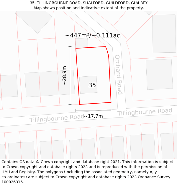 35, TILLINGBOURNE ROAD, SHALFORD, GUILDFORD, GU4 8EY: Plot and title map