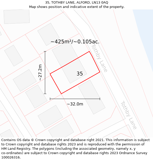 35, TOTHBY LANE, ALFORD, LN13 0AQ: Plot and title map