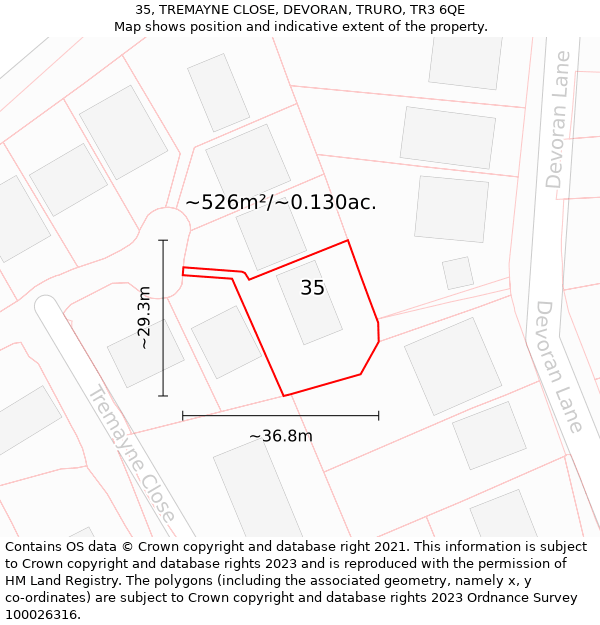 35, TREMAYNE CLOSE, DEVORAN, TRURO, TR3 6QE: Plot and title map