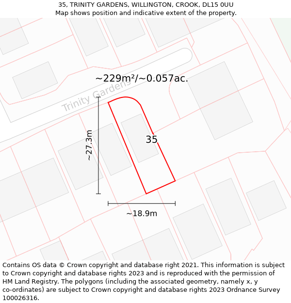 35, TRINITY GARDENS, WILLINGTON, CROOK, DL15 0UU: Plot and title map