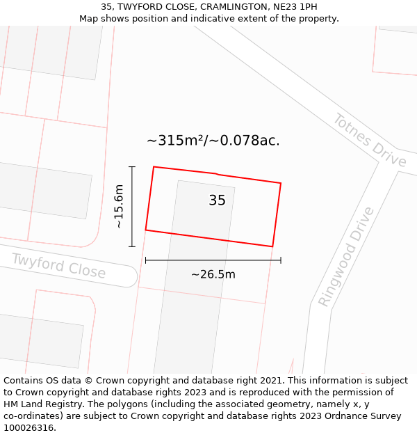 35, TWYFORD CLOSE, CRAMLINGTON, NE23 1PH: Plot and title map