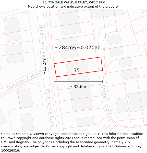 35, TYNDALE WALK, BATLEY, WF17 8PX: Plot and title map