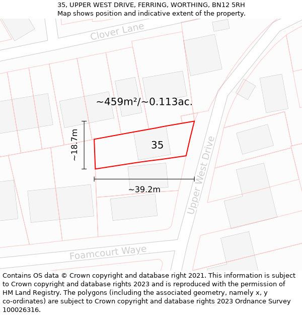 35, UPPER WEST DRIVE, FERRING, WORTHING, BN12 5RH: Plot and title map