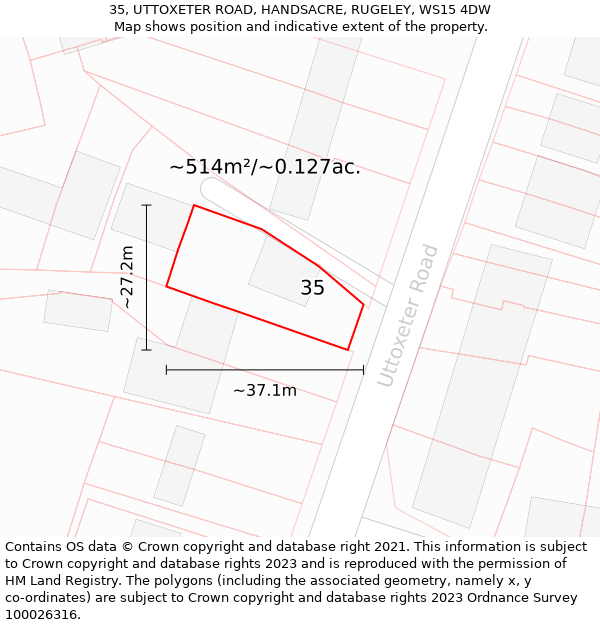 35, UTTOXETER ROAD, HANDSACRE, RUGELEY, WS15 4DW: Plot and title map