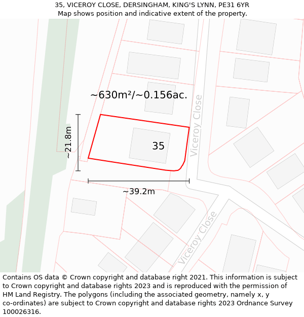 35, VICEROY CLOSE, DERSINGHAM, KING'S LYNN, PE31 6YR: Plot and title map