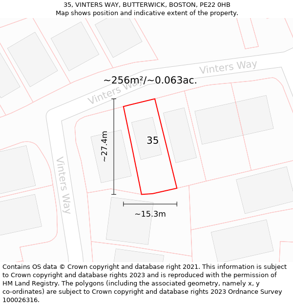 35, VINTERS WAY, BUTTERWICK, BOSTON, PE22 0HB: Plot and title map