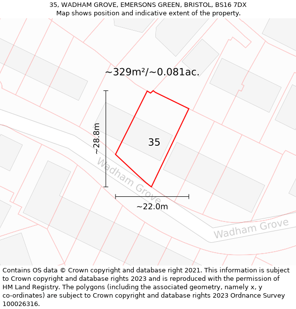 35, WADHAM GROVE, EMERSONS GREEN, BRISTOL, BS16 7DX: Plot and title map