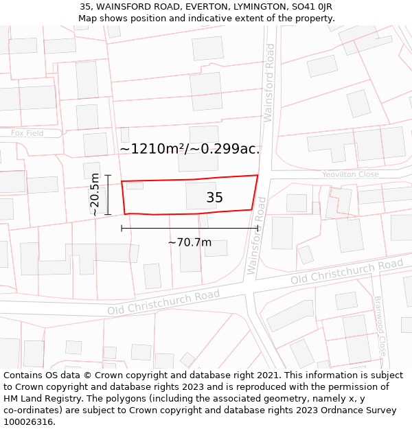 35, WAINSFORD ROAD, EVERTON, LYMINGTON, SO41 0JR: Plot and title map