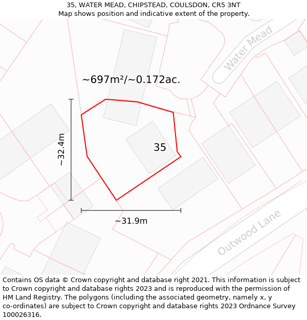 35, WATER MEAD, CHIPSTEAD, COULSDON, CR5 3NT: Plot and title map