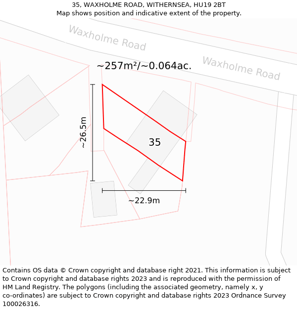 35, WAXHOLME ROAD, WITHERNSEA, HU19 2BT: Plot and title map