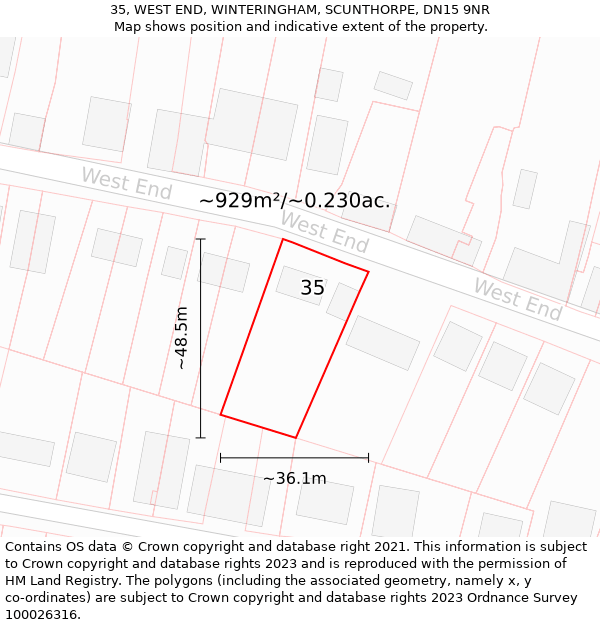 35, WEST END, WINTERINGHAM, SCUNTHORPE, DN15 9NR: Plot and title map