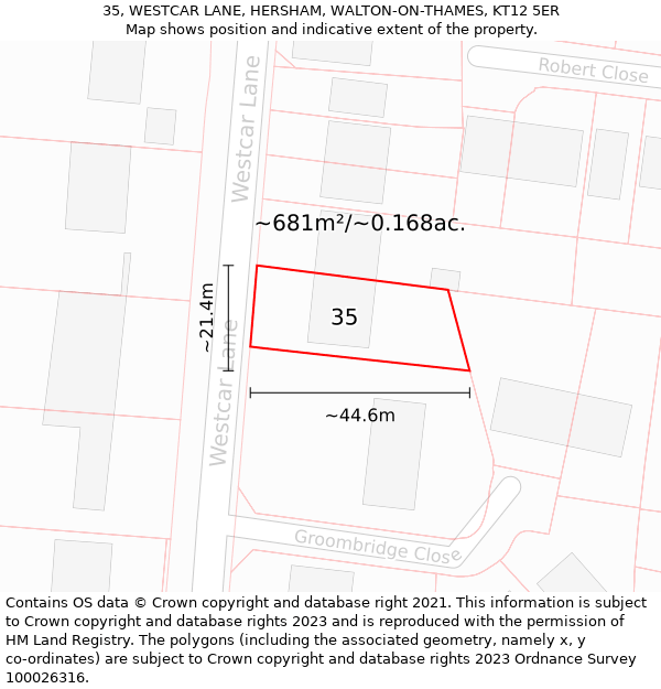 35, WESTCAR LANE, HERSHAM, WALTON-ON-THAMES, KT12 5ER: Plot and title map