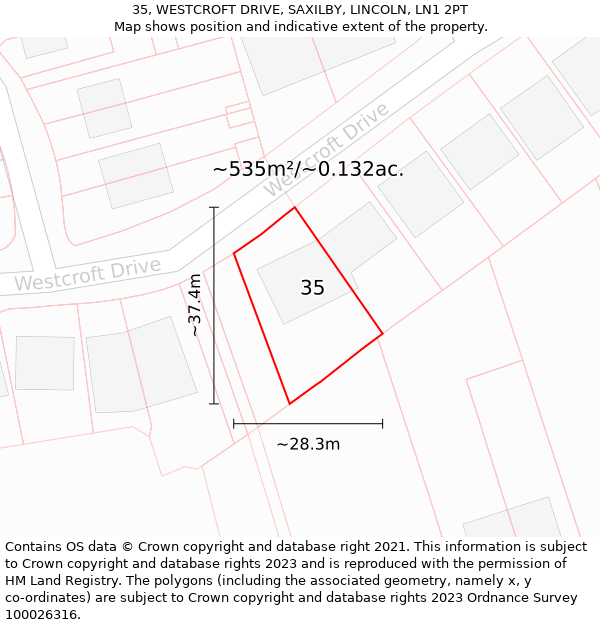 35, WESTCROFT DRIVE, SAXILBY, LINCOLN, LN1 2PT: Plot and title map