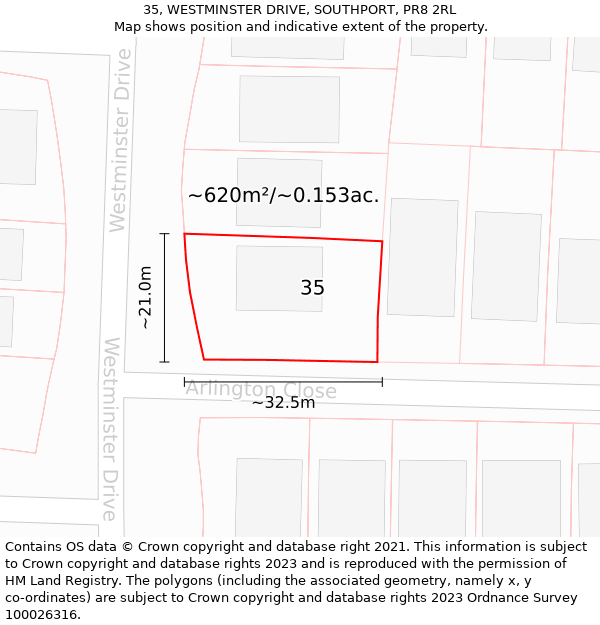 35, WESTMINSTER DRIVE, SOUTHPORT, PR8 2RL: Plot and title map