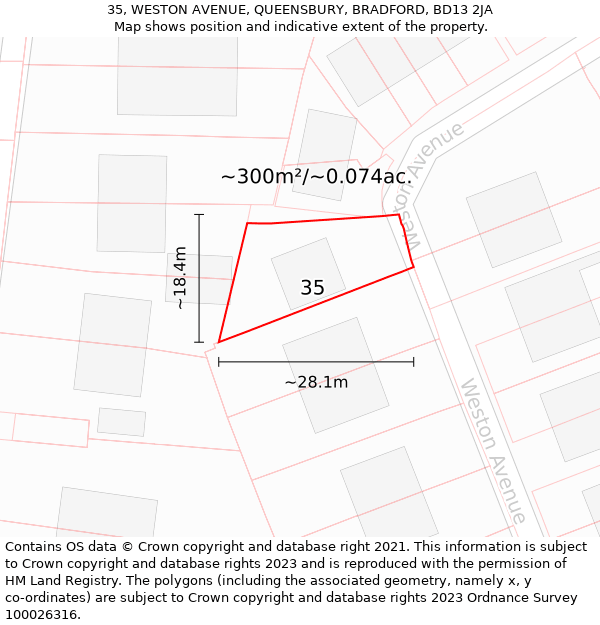 35, WESTON AVENUE, QUEENSBURY, BRADFORD, BD13 2JA: Plot and title map