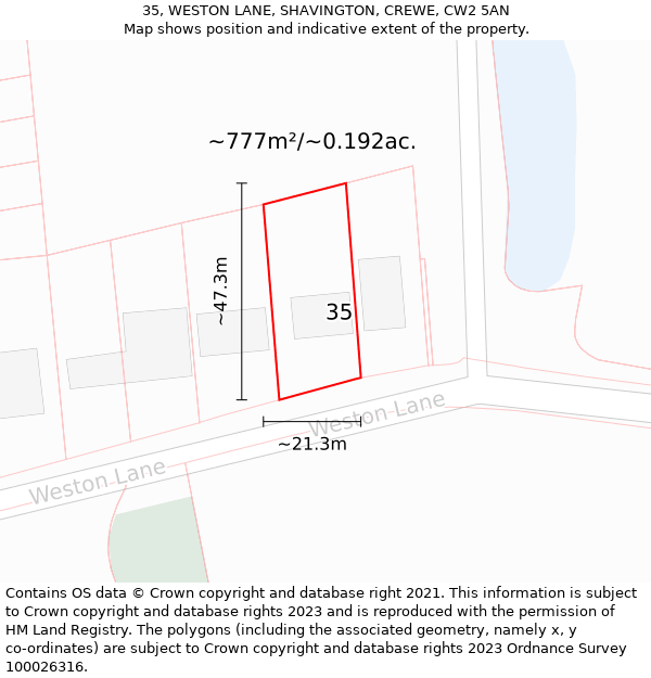 35, WESTON LANE, SHAVINGTON, CREWE, CW2 5AN: Plot and title map