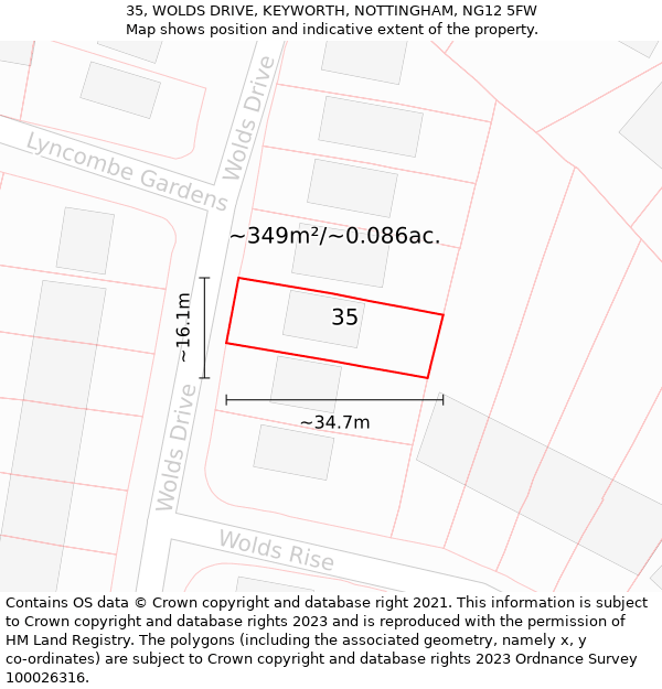 35, WOLDS DRIVE, KEYWORTH, NOTTINGHAM, NG12 5FW: Plot and title map