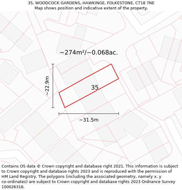 35, WOODCOCK GARDENS, HAWKINGE, FOLKESTONE, CT18 7NE: Plot and title map