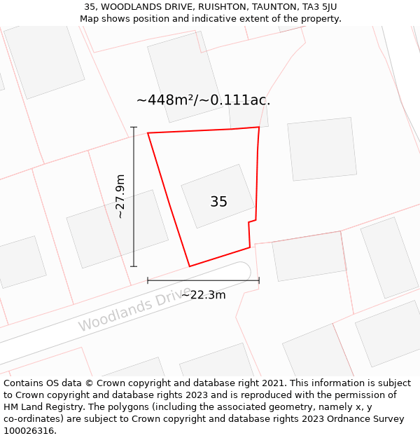 35, WOODLANDS DRIVE, RUISHTON, TAUNTON, TA3 5JU: Plot and title map