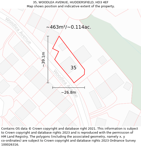 35, WOODLEA AVENUE, HUDDERSFIELD, HD3 4EF: Plot and title map