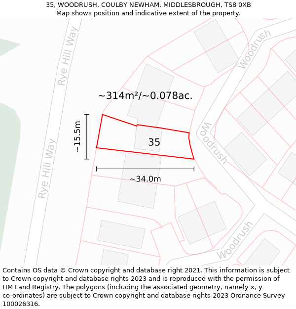 35, WOODRUSH, COULBY NEWHAM, MIDDLESBROUGH, TS8 0XB: Plot and title map