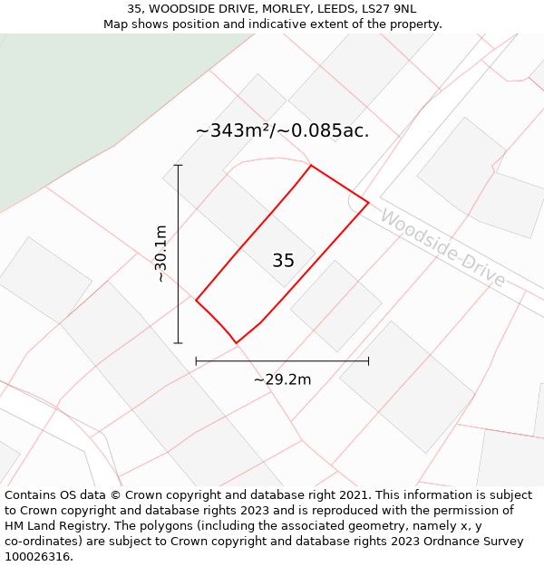 35, WOODSIDE DRIVE, MORLEY, LEEDS, LS27 9NL: Plot and title map