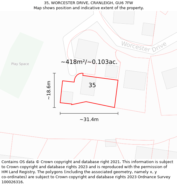 35, WORCESTER DRIVE, CRANLEIGH, GU6 7FW: Plot and title map