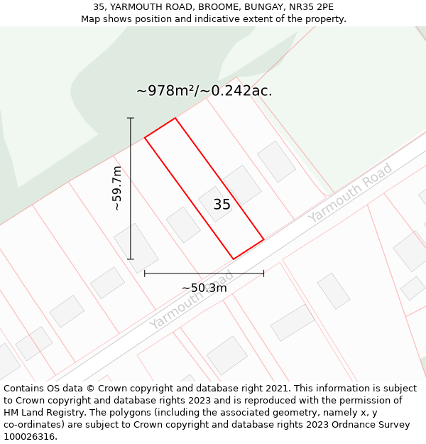 35, YARMOUTH ROAD, BROOME, BUNGAY, NR35 2PE: Plot and title map