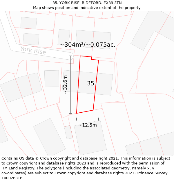 35, YORK RISE, BIDEFORD, EX39 3TN: Plot and title map