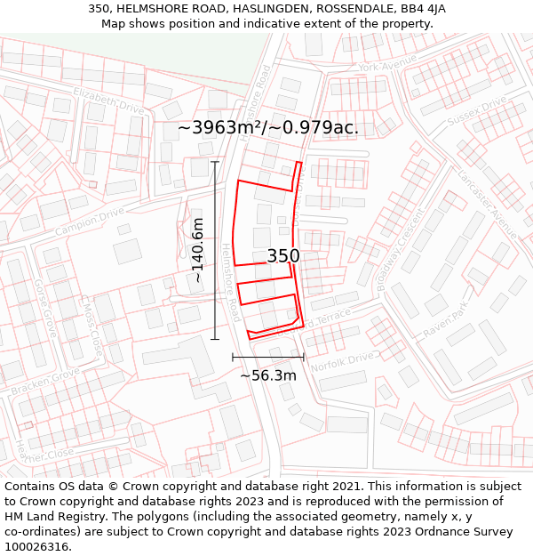 350, HELMSHORE ROAD, HASLINGDEN, ROSSENDALE, BB4 4JA: Plot and title map