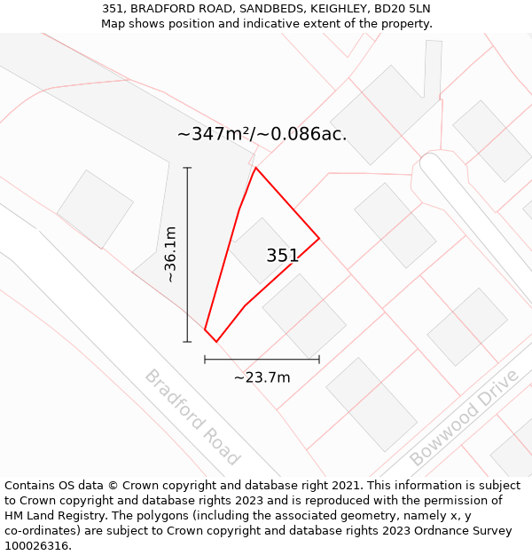 351, BRADFORD ROAD, SANDBEDS, KEIGHLEY, BD20 5LN: Plot and title map