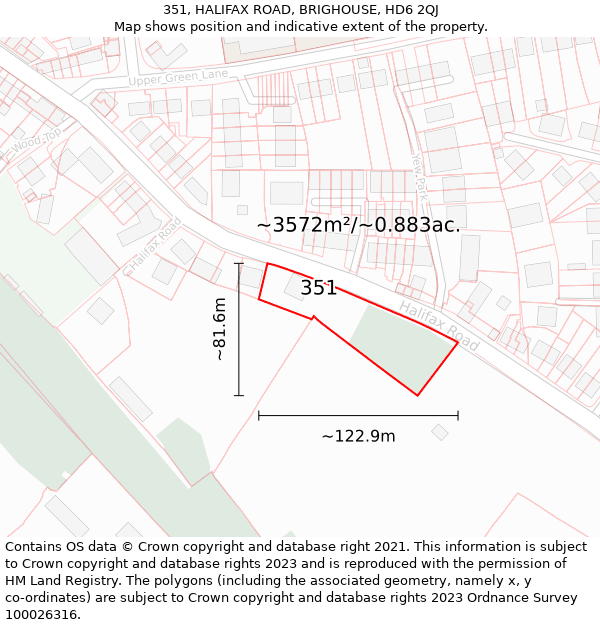 351, HALIFAX ROAD, BRIGHOUSE, HD6 2QJ: Plot and title map