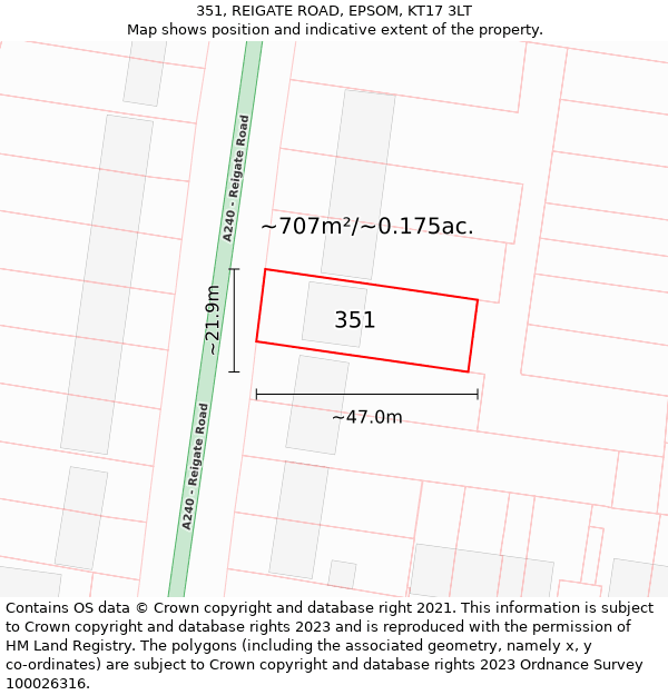 351, REIGATE ROAD, EPSOM, KT17 3LT: Plot and title map