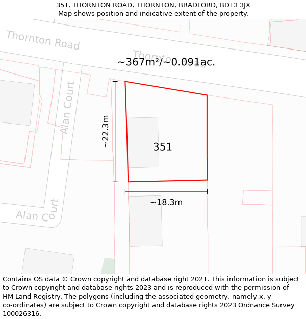 351, THORNTON ROAD, THORNTON, BRADFORD, BD13 3JX: Plot and title map