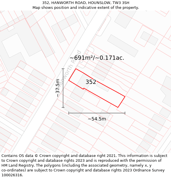 352, HANWORTH ROAD, HOUNSLOW, TW3 3SH: Plot and title map