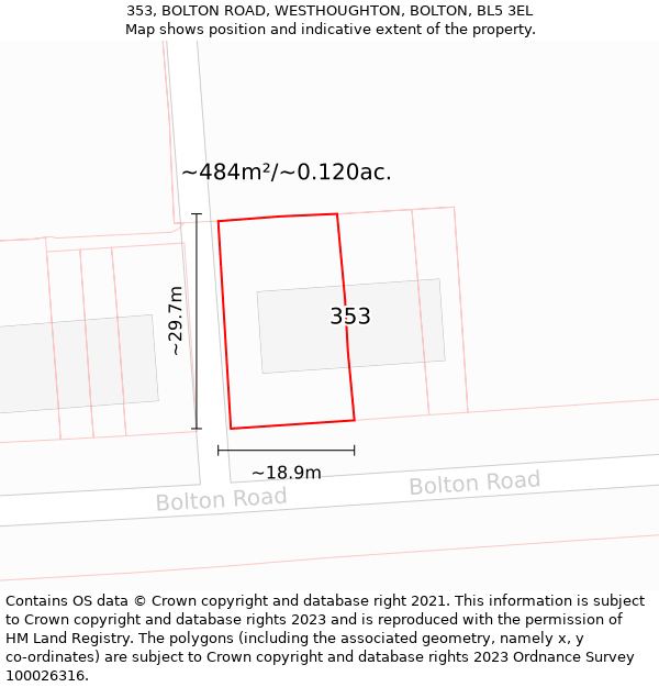 353, BOLTON ROAD, WESTHOUGHTON, BOLTON, BL5 3EL: Plot and title map